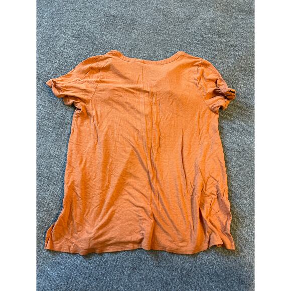 J.Jill Linen Blend Orange Short Sleeve Tunic Top Size M Split Neck Pocket Tee - Picture 3 of 7